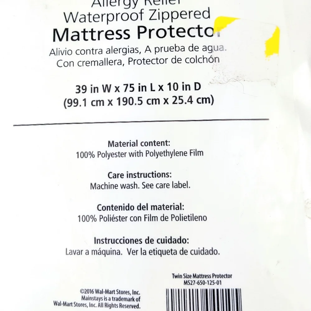 Mainstays Allergy Relief Waterproof White Zippered Mattress Protector Twin Size